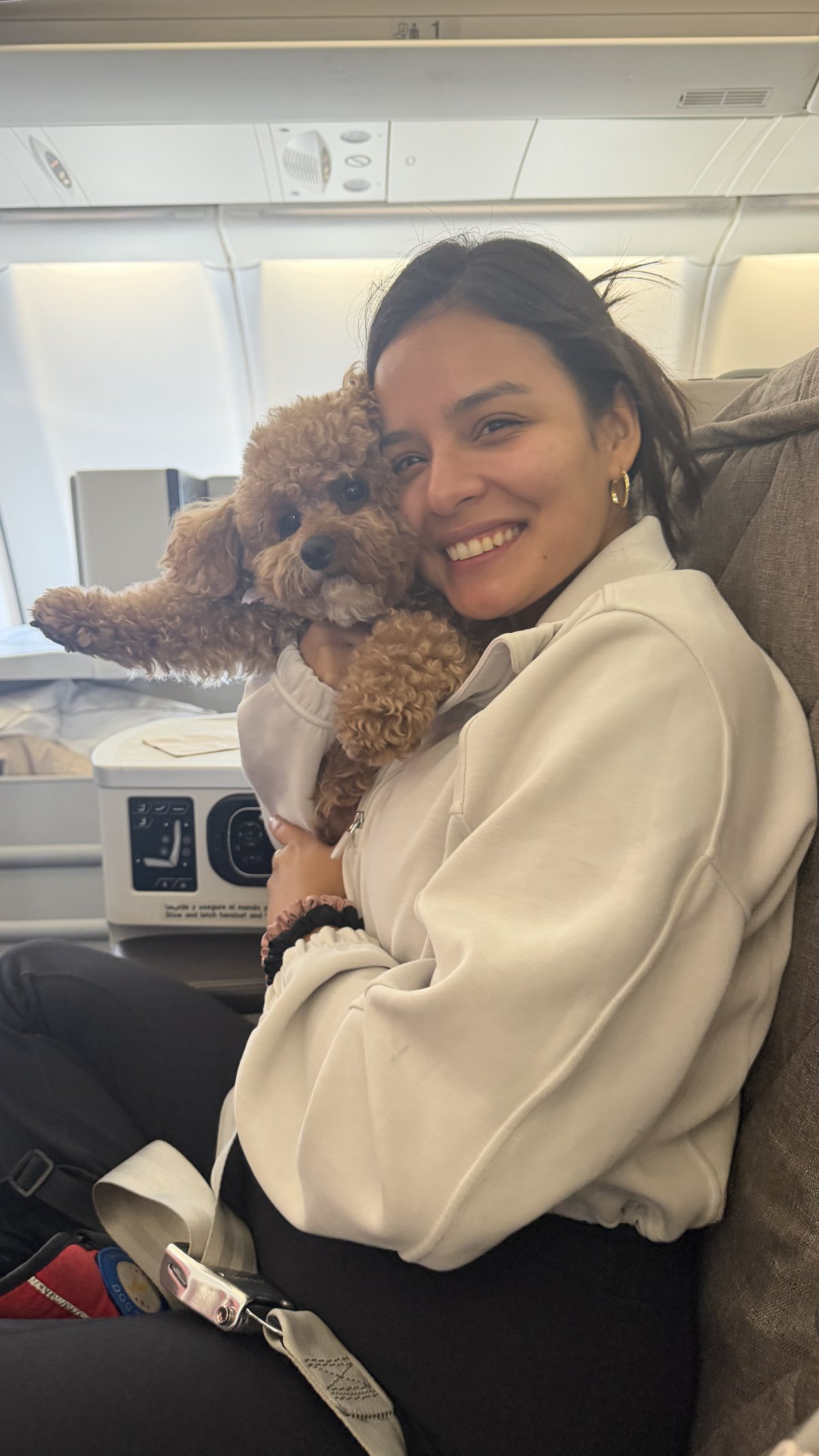 Gaby with Cotufa on an airplane, smiling together during a flight
